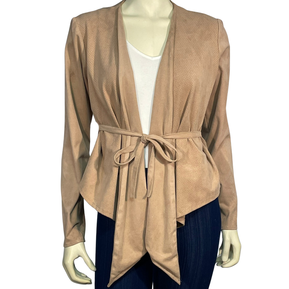 Rino  Pelle EU Sz 40 US M Belted Open Draped Jacket Perforated Faux Suede Tan